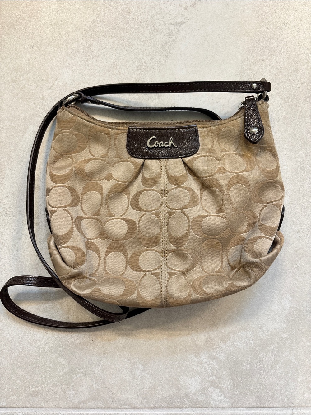 Coach Tan Signature Crossbody with Dark Brown Leather Trim